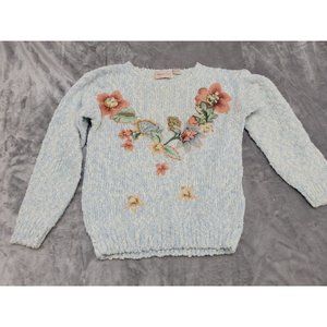 Vtg Penbrooke Lane medium blue Knit Pearl Beaded‎ Floral Applique Sweater